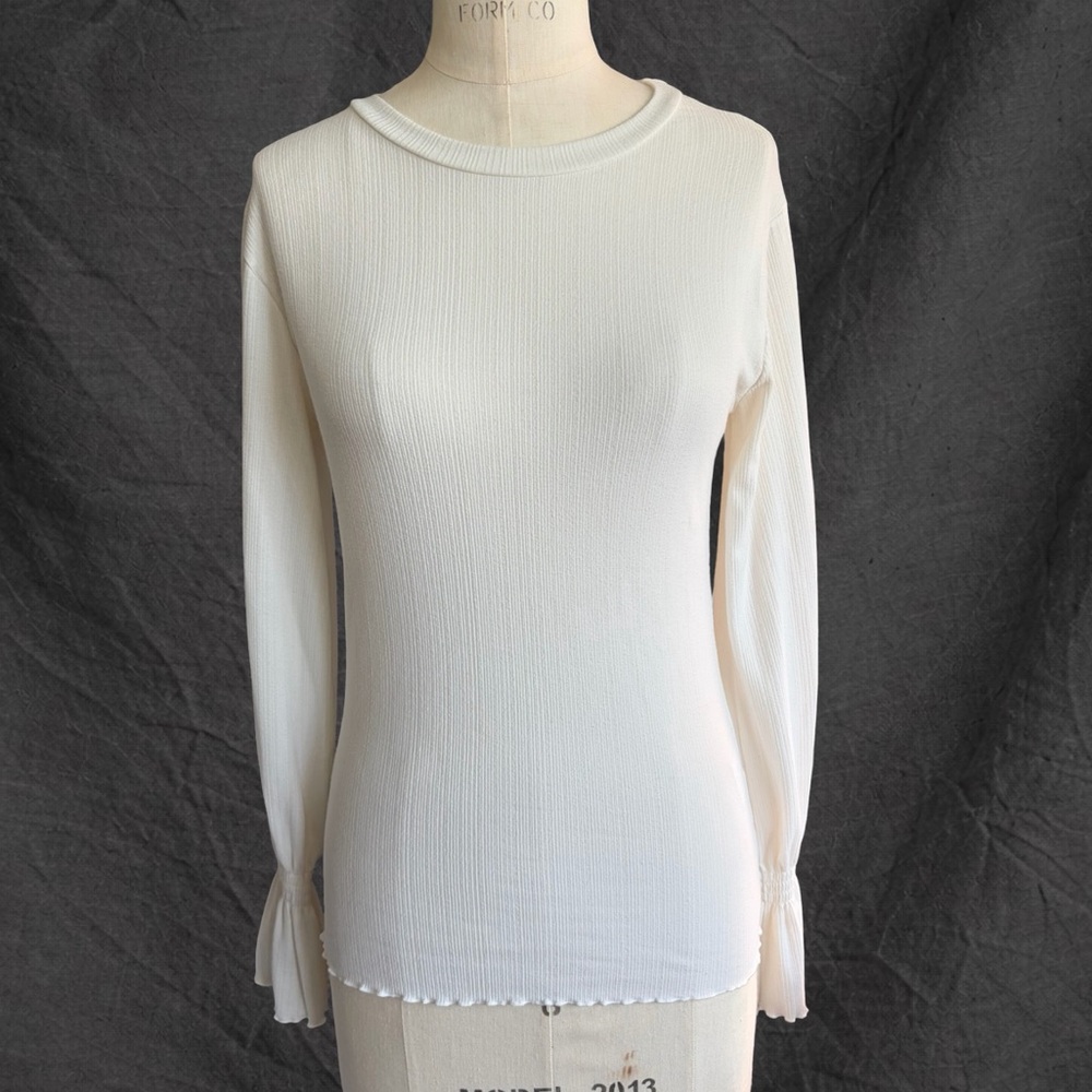 Oak + Fort Ribbed Ivory Crewneck Top Small Flare Sleeve Stretch Minimalist
